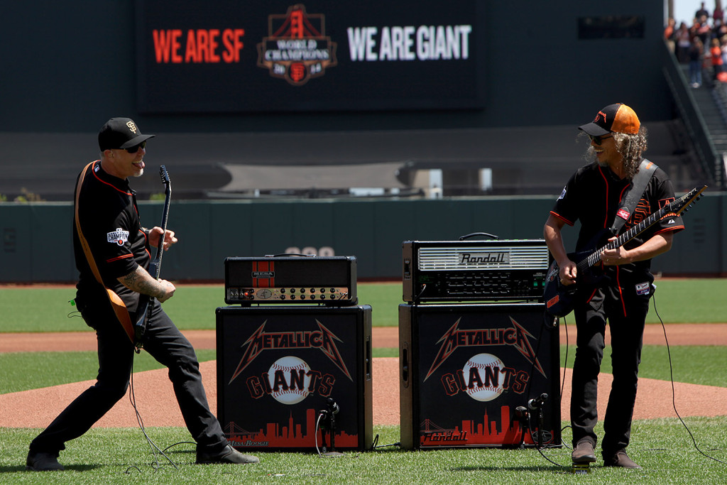 James Hetfield and Kirk Hammett perform the National Anthem AT&T Park on Saturday, May 2, 2015.  (Photo by Scot Tucker/SFBay)