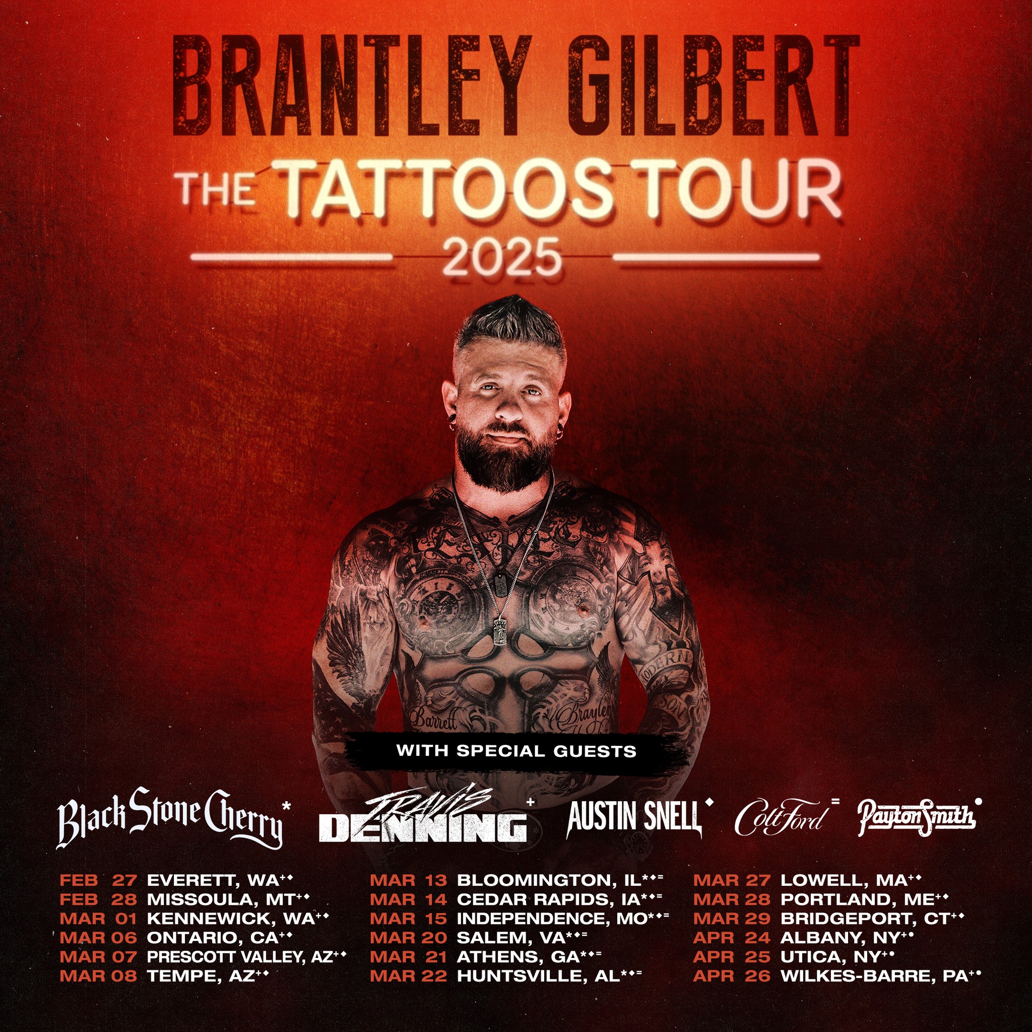 Brantley Gilbert Announces 2025 Tattoos Tour with Black Stone Cherry