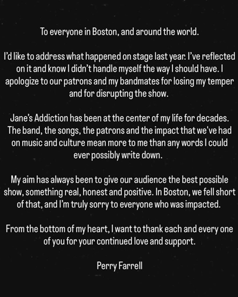 Perry Farrell Apology 2025 Jane's Addiction